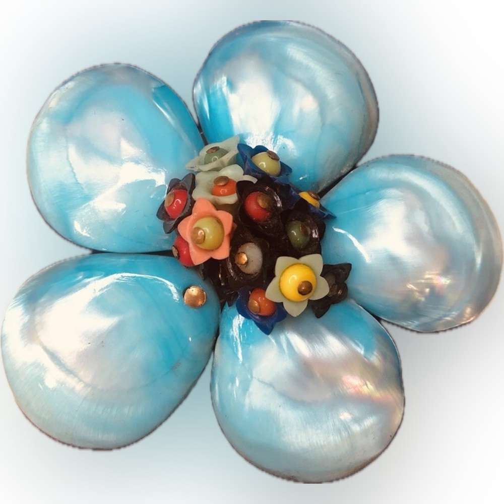 MIRIAM HASKELL WWII Era 1940s Blue Pearlized Seashell Flower Bead Brooch